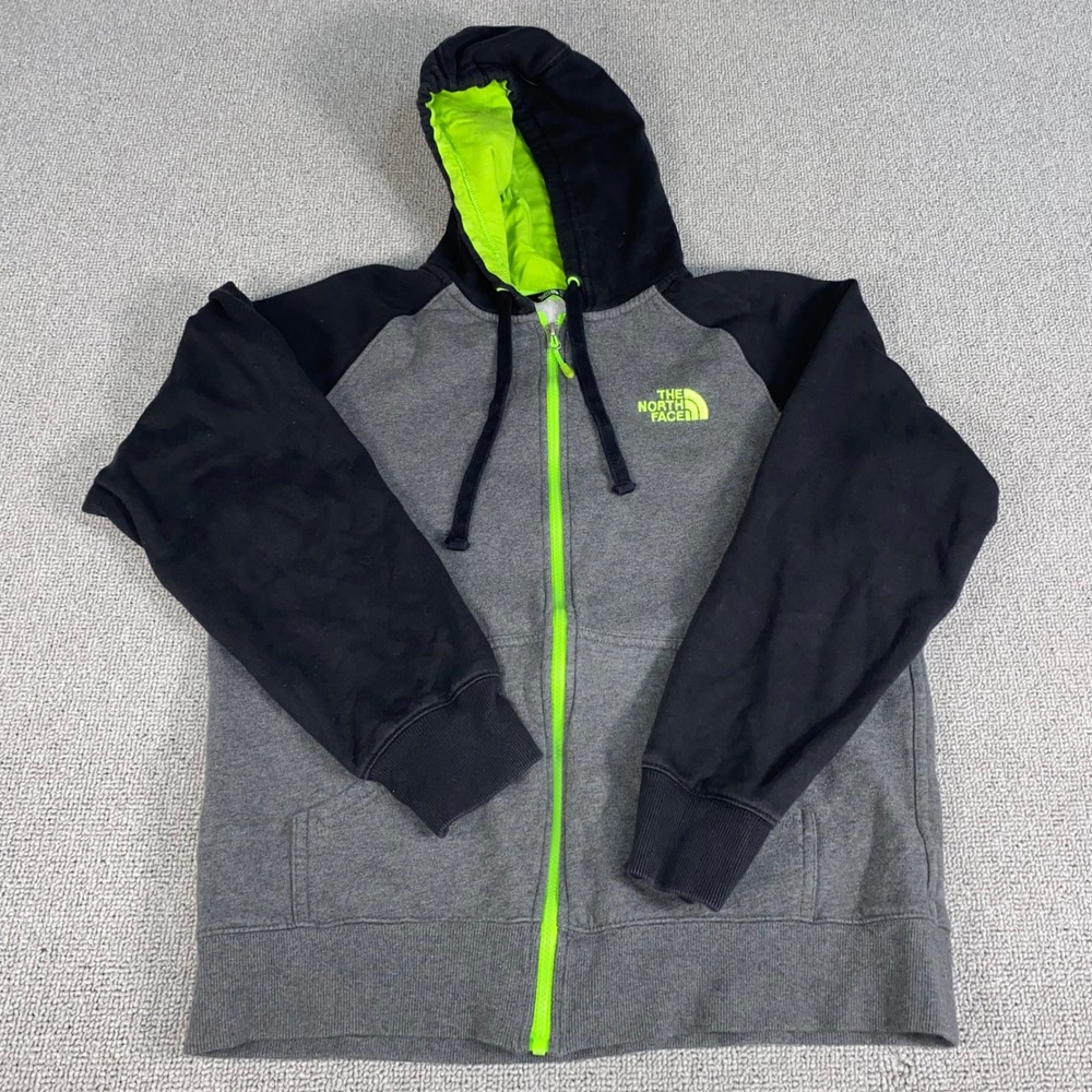 The North Face Full Zip Hoodie Mens Medium Grey Black Lime Green Fleece Jacket
